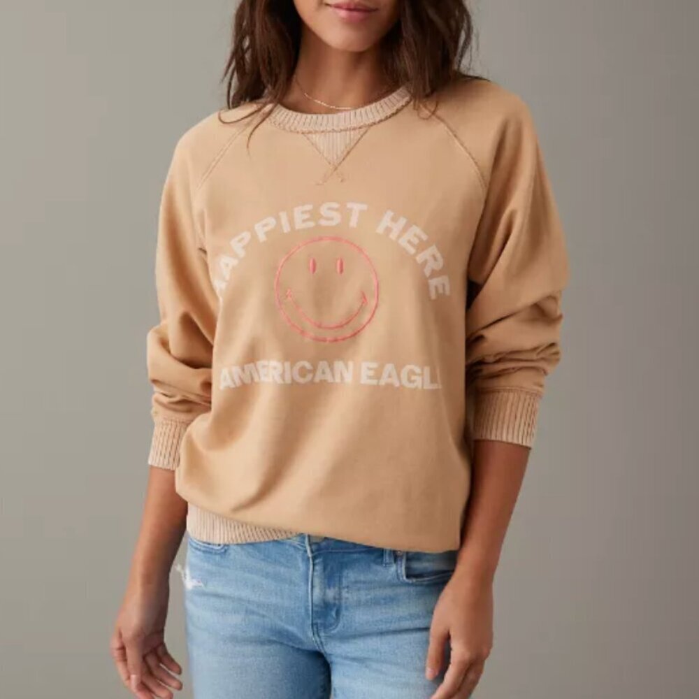 American Eagle Women's Size Medium Brown Funday Graphic Raglan Sleeve Sweatshirt